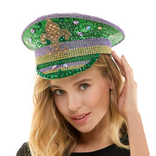 Load image into Gallery viewer, Fleur de Lis Stone Embellished Mardi Gras Sequin Captain Hat