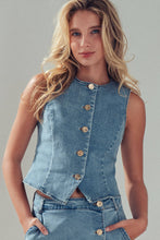 Load image into Gallery viewer, Fitted Gold Button Front Denim Vest