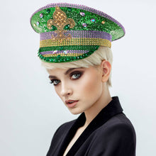 Load image into Gallery viewer, Fleur de Lis Stone Embellished Mardi Gras Sequin Captain Hat