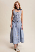 Load image into Gallery viewer, Button Front Pleated Denim Maxi Skirt LSK0278