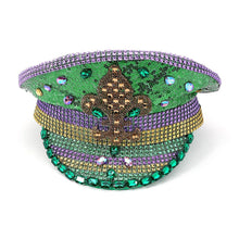 Load image into Gallery viewer, Fleur de Lis Stone Embellished Mardi Gras Sequin Captain Hat