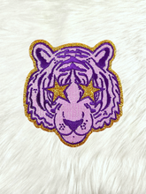 Load image into Gallery viewer, Small Purple Tiger Gold Glitter Mascot with Star Eyes Embroidery Iron On Patch