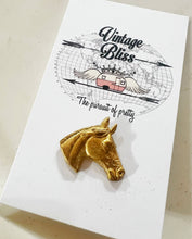 Load image into Gallery viewer, Horse Head Small Brass Patina Hat Pin Hat Bar Western