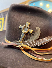 Load image into Gallery viewer, Horseshoe Cross Brass Patina Hat Pin Hat Bar Western rodeo