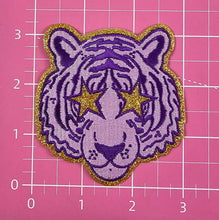 Load image into Gallery viewer, Small Purple Tiger Gold Glitter Mascot with Star Eyes Embroidery Iron On Patch