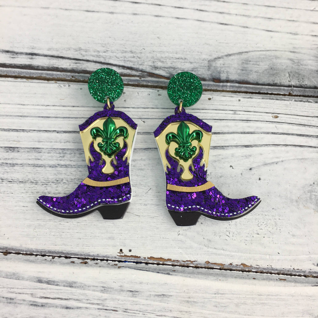 Mardi Gras cowboy boot earrings