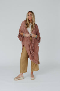 On The Edge Fringe Kimono - Rose Clay