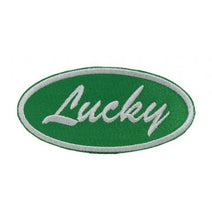 Load image into Gallery viewer, Lucky in Oval, Green, White, Embroidered Iron on Patch