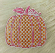 Load image into Gallery viewer, Checkered Orange and Pink Pumpkin Embroidery Iron On Patch