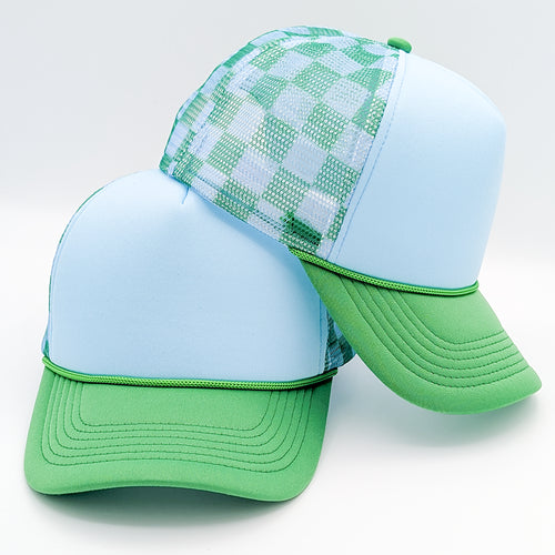 Blue & Green Checkered Foam Trucker Hat
