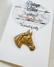 Load image into Gallery viewer, Horse Head Small Brass Patina Hat Pin Hat Bar Western