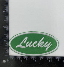Load image into Gallery viewer, Lucky in Oval, Green, White, Embroidered Iron on Patch