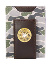 Load image into Gallery viewer, Shotshell Men's Magnetic Front Pocket Old School Camo Leather Wallet.