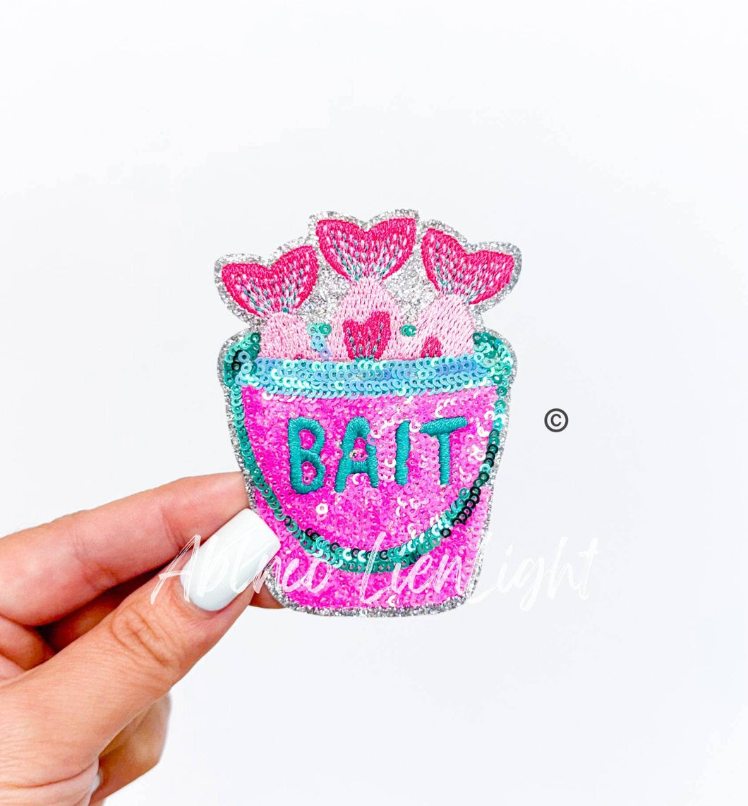 Preppy Pink Glitter Bait Bucket ©️ Fishing Sequin Patch