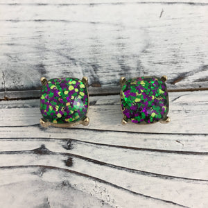 Mardi Gras glitter square post earrings