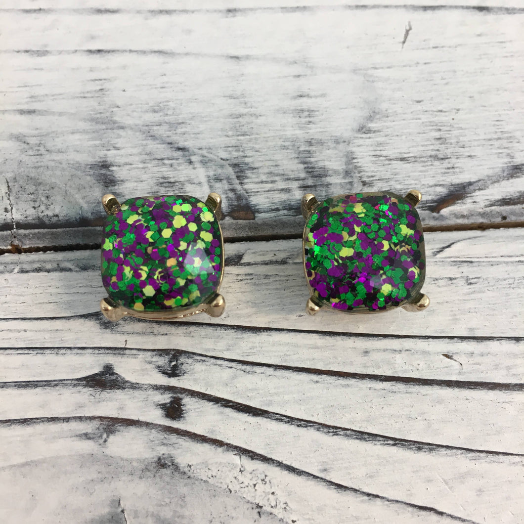 Mardi Gras glitter square post earrings