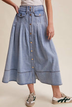 Load image into Gallery viewer, Button Front Pleated Denim Maxi Skirt LSK0278