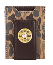 Load image into Gallery viewer, Shotshell Men's Magnetic Front Pocket Old School Camo Leather Wallet.